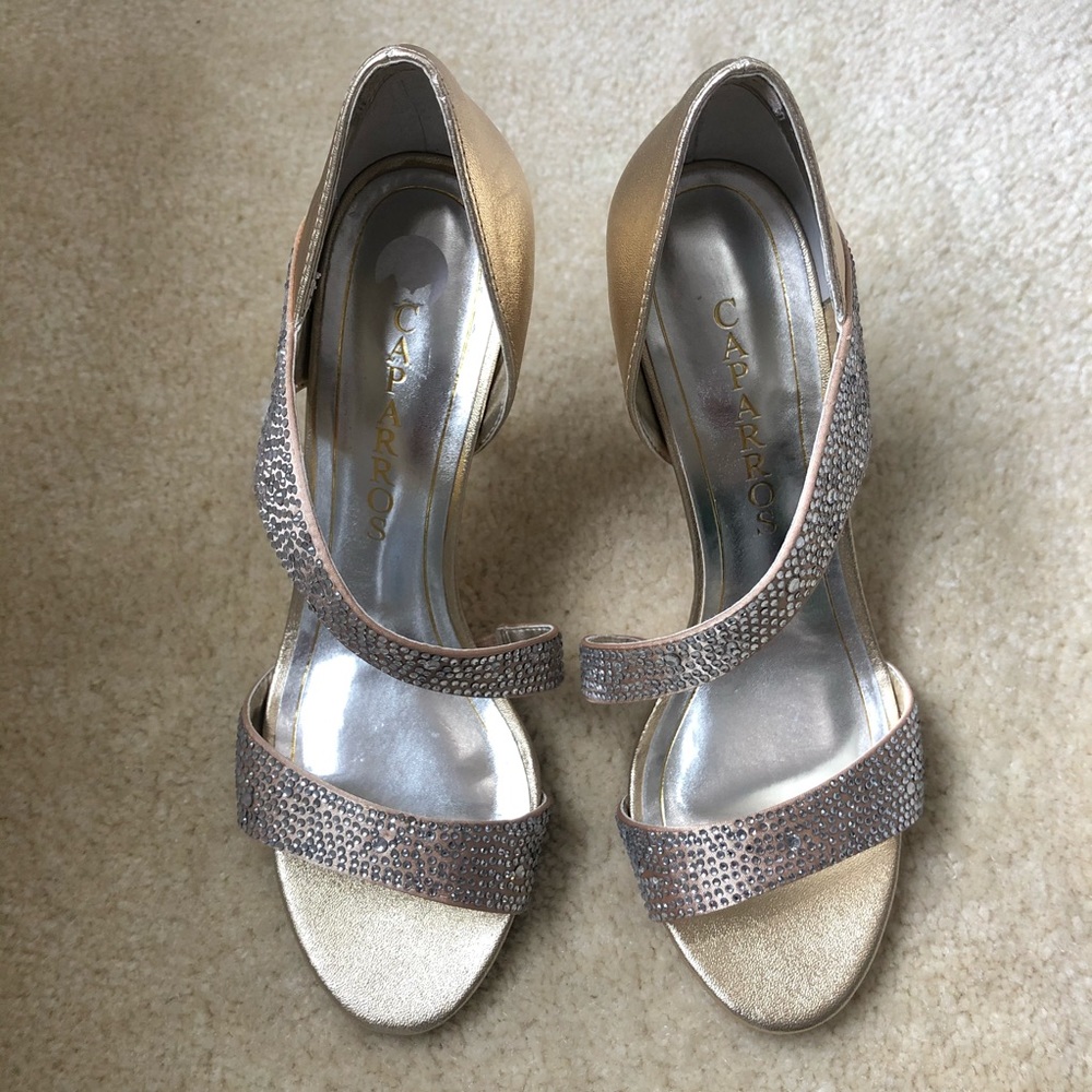 😍 Sz6.5 Caparros lather crystal embellished open toe pumps in champagne gold